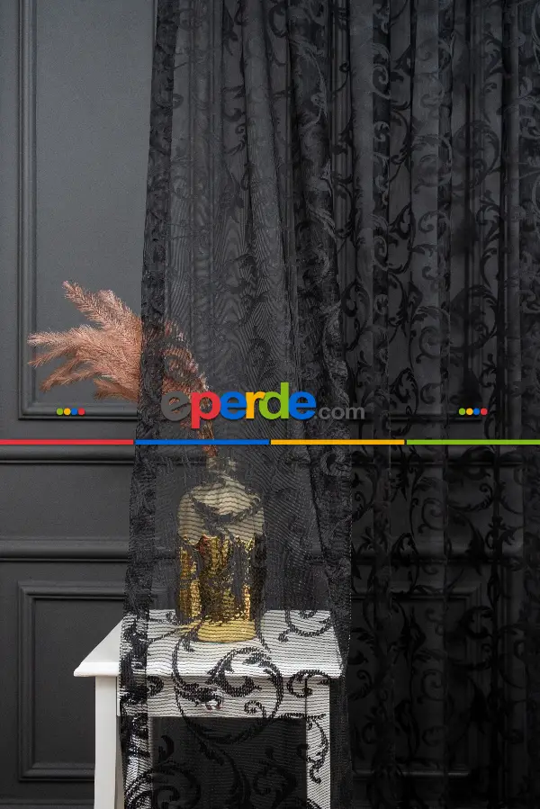 Sarmaşık Şal Desen Siyah Renk Desen Tasarım Tül Perde