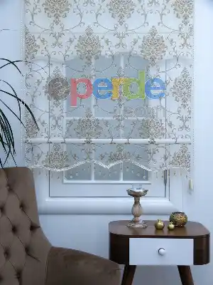 Damask Desenli Çiftli Sistem Stor Tül Perde- Kahverengi