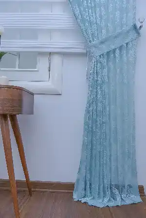 Dantel Damask Desen Tül Fon Perde - Turkuaz- Turkuaz