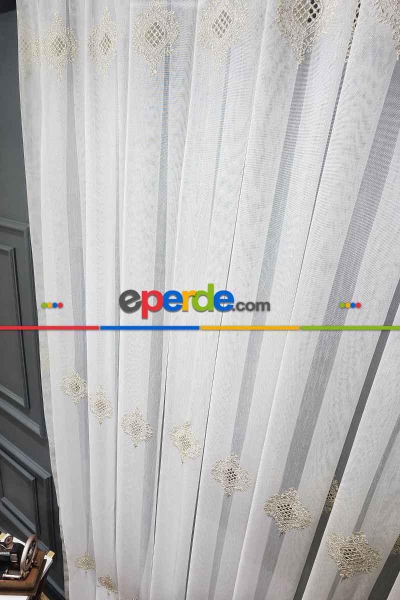 Salon Tül - Gold Altın Bohre Damask İşlemeli Salon Model Tasarım Pileli Tül Perde