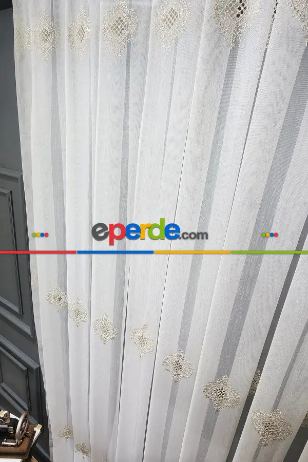 Salon Tül - Gold Altın Bohre Damask İşlemeli Salon Model Tasarım Pileli Tül Perde