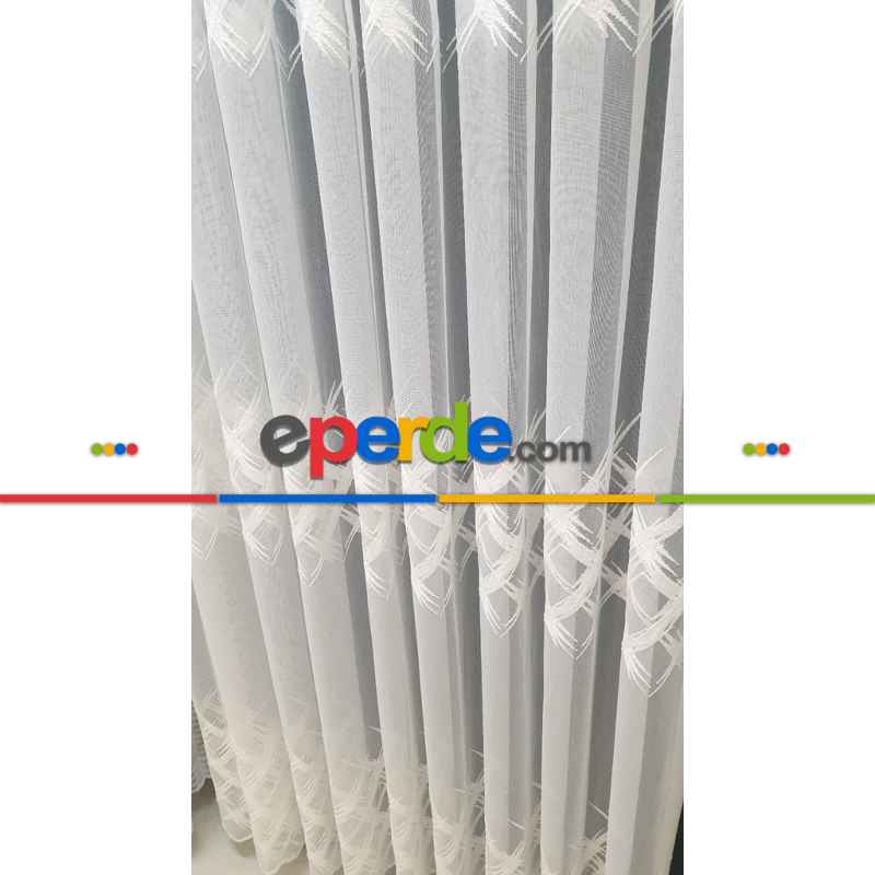 Desenli Tül Perde - Nakışlı Spor Geometri Desenli Salon Tül Perde - Ekru Açık Krem