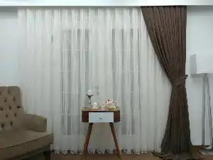 Krem Rengi / Pudra Detaylı - Boyuna Çizgili Keten Tül Perde- Krem-pudra - Kurşunlu Tül