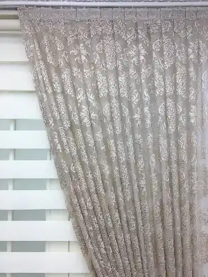 Metre İle Tül Kumaşı - Dantel Damask Desen Tül Perde - Bej - Dikişsiz- Bej