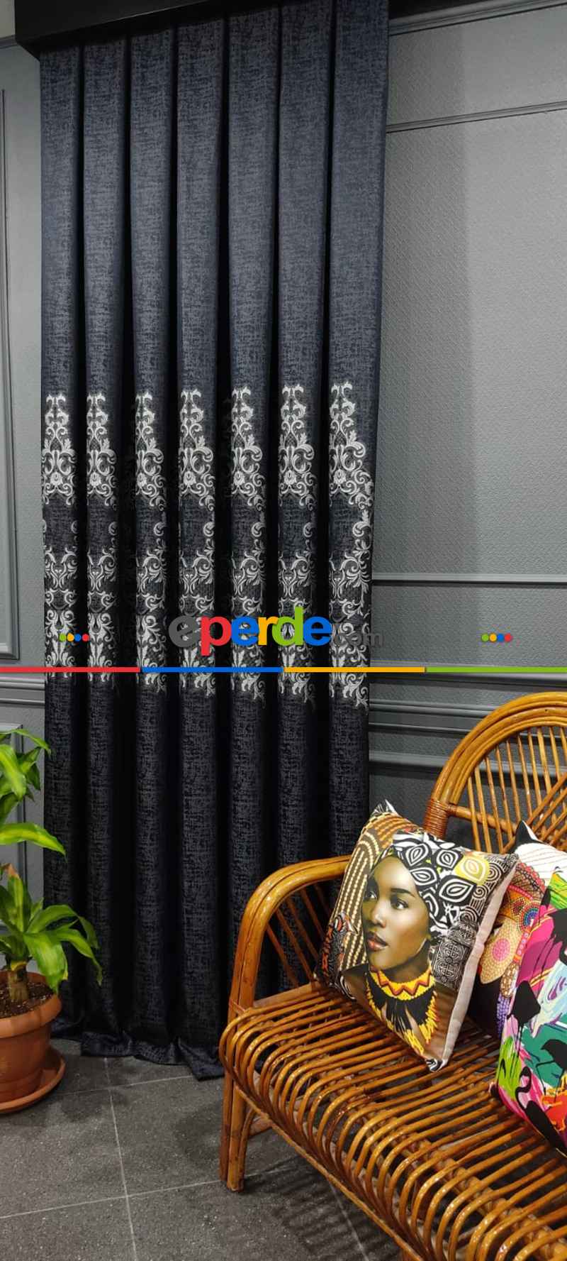 Salon Fon Perde - Lacivert Desenli Fon Perde, Adet Fiyatıdır, İstediğiniz Boy Ölçüsünde Dikilir, Eni 50 İla 100cm Arası Seçenekler, Sık Piledir 100cm X 1cm 