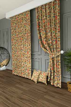 Dökümlü Kumaştan Afrikalı Kadın Figürlü Etnik Desenli Baskılı Fon Perde