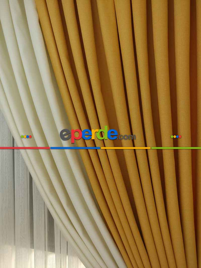 Salon Fon Perde - Hardal Sarı Krem Renk Kombinli Jakar Desenli Fon Perde- Krem