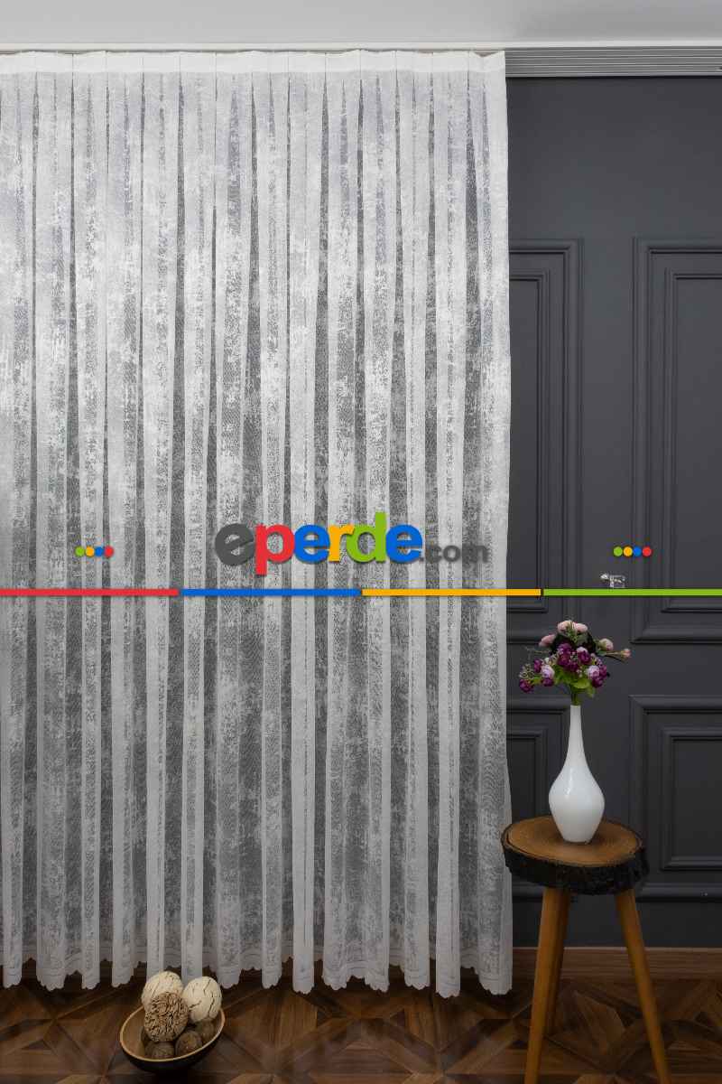 Oturma Odası - Patine Desenli Özel Örgülü Örme Tül - Ekru