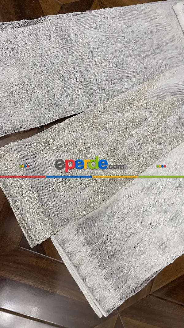 Mutfak Tül Perde - Desenli Tül - Altın Simli Hafif Keten Tül - Etek Ucu Nakışlı Tül Perde -  Salon Tül Perde