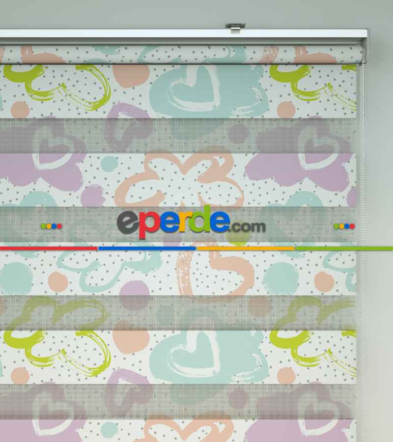 Çocuk Odası Zebra - Kalp Desenli Baskılı Zebra Perde- Çok Renkli