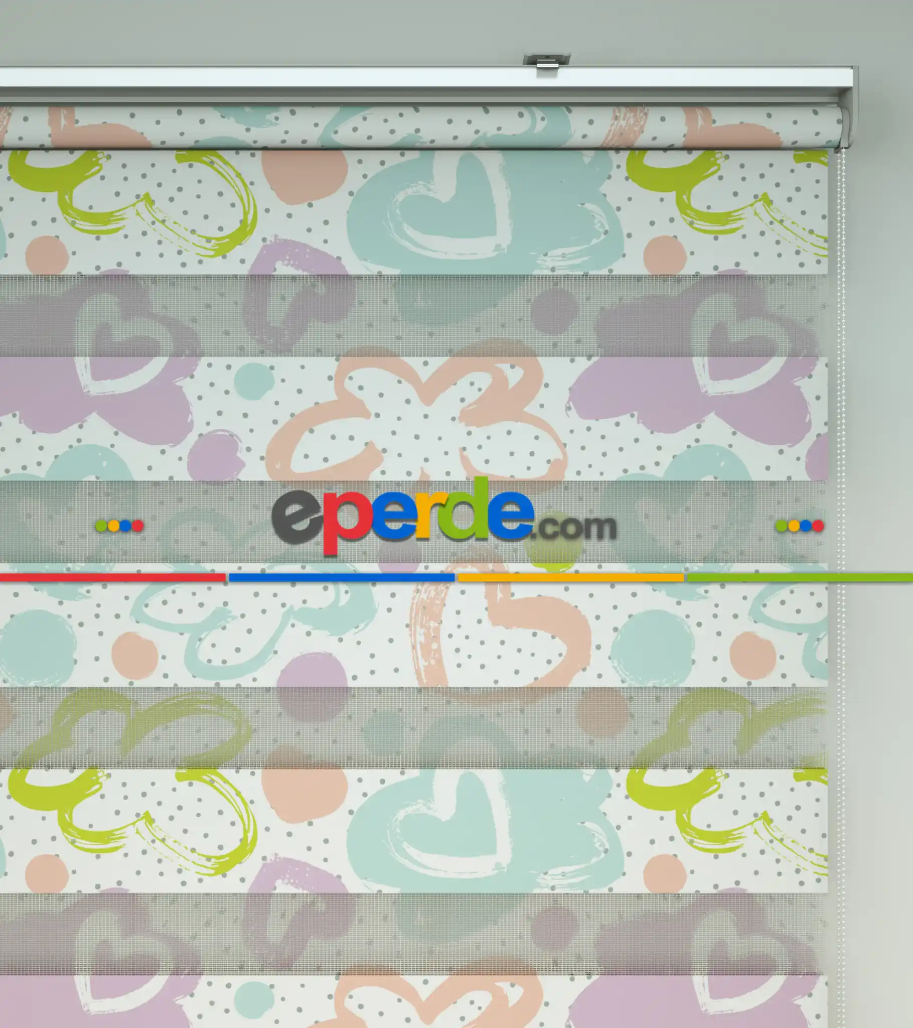 Kalp Desenli Baskılı Zebra Perde- Çok Renkli