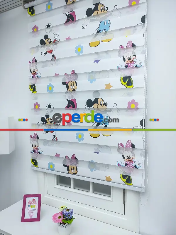 Çocuk Odası - Minnie Mouse Ve Mikie Mouse Zebra Perde- Mavi