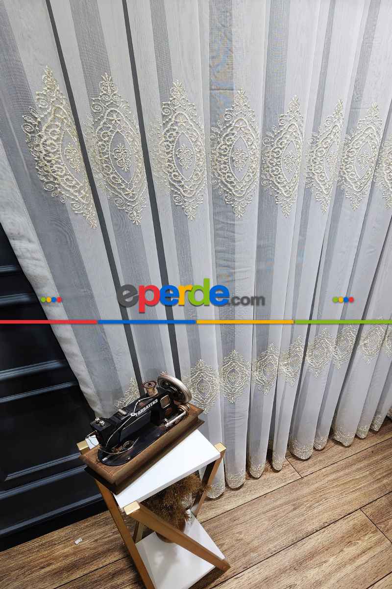 Tül Perde Hafif Keten - Desenli Tül - Avangart Nakışlı Tül Perde - Damask Desenli - Gold/altın
