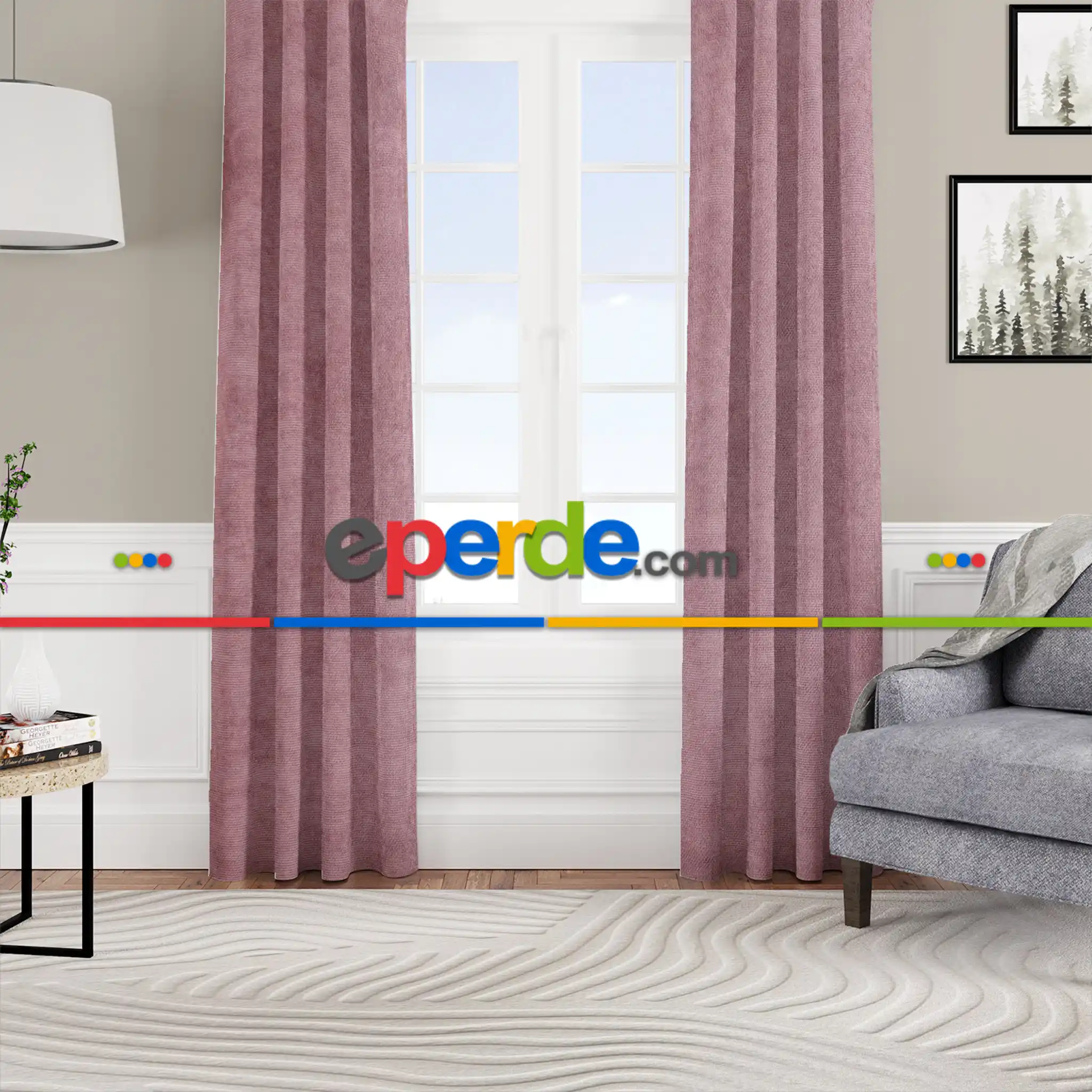 Salon - Kadife Dokulu Fon Perde Pilesiz Tek Kanat Gül Kurusu