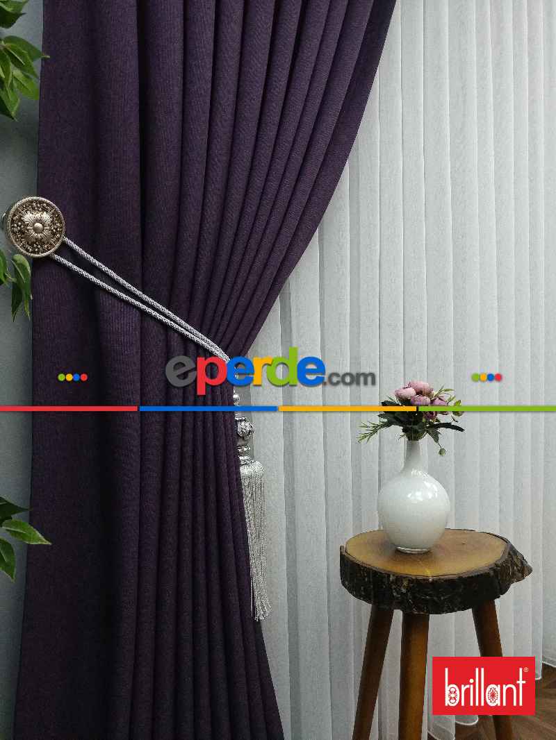 Brillant Keten Mor Renk Düz Fon Perde - Mor Patlıcan Moru