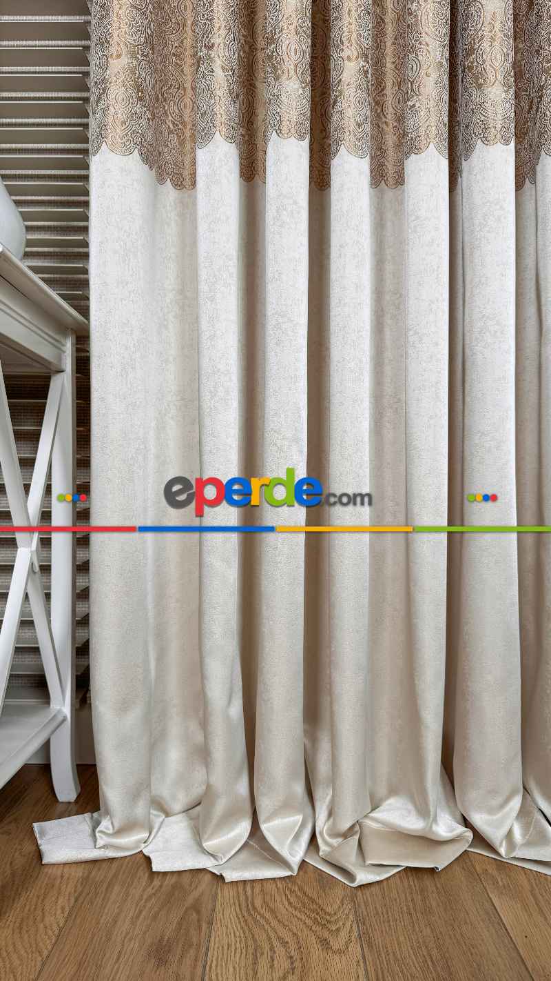 Krem Altın Fon Perde, Damask Desenli