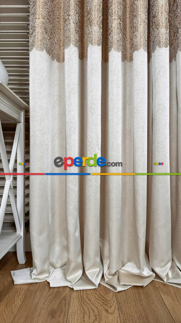 Krem Altın Fon Perde, Damask Desenli