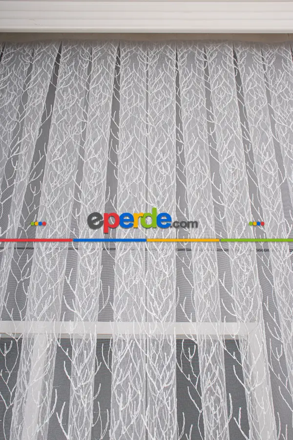 Salon - Kuru Dal Brode Tül Perde - Ekru