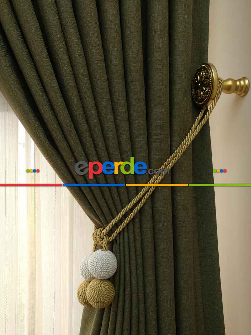 Keten Koyu Haki Yeşil Renk Düz Fon Perde - Haki