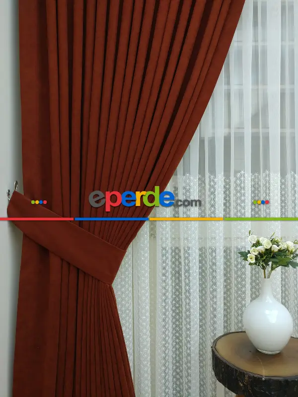 Salon Fon - Kiremit - Düz Fon Perde (  Dökümlü Fon Perde)- Kiremit Rengi