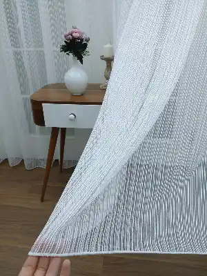 Düz Boyuna Çizgili Tül Perde- Ekru - Kurşunlu Tül