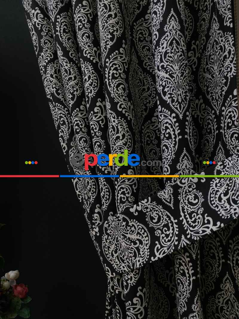 Salon Fon Perde - Damask Desenli Oturma Odası Fon Perde- Siyah