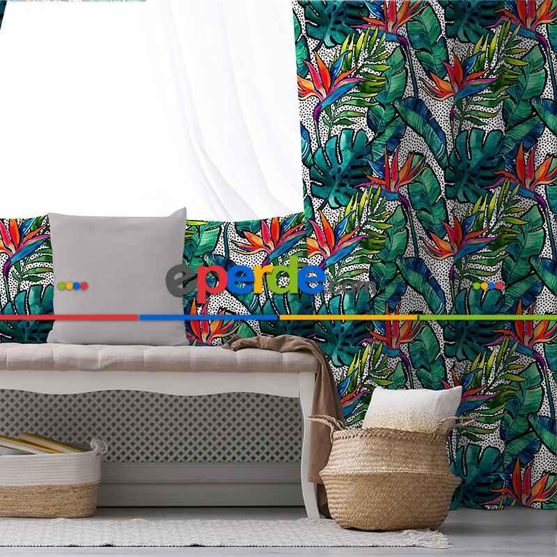 Tropik Desenli Fon Perde Evim588 Kumaşı Kalındır Duck Bezi Değildir- Mavi-beyaz