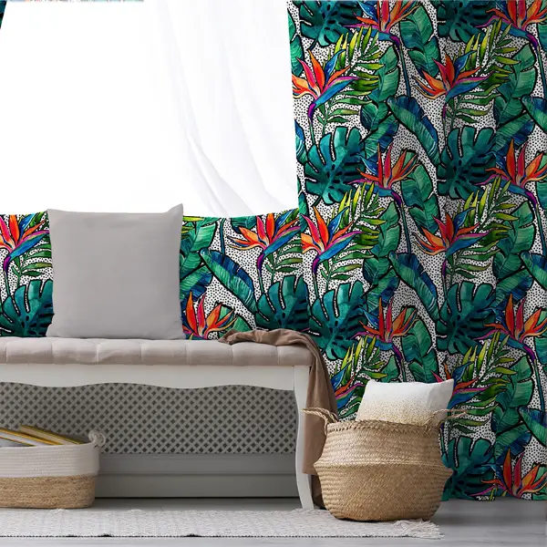 Tropik Desenli Fon Perde Evim588 Kumaşı Kalındır Duck Bezi Değildir- Mavi-beyaz