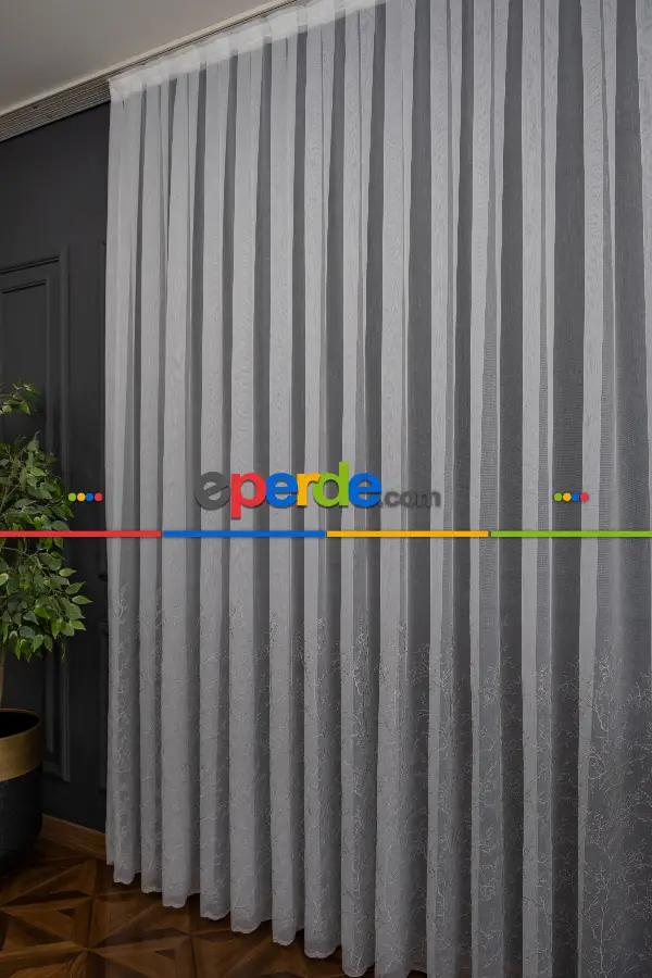 Salon - Selvi Ağaç Desenli İşlemeli Tül Perde - Açık Krem