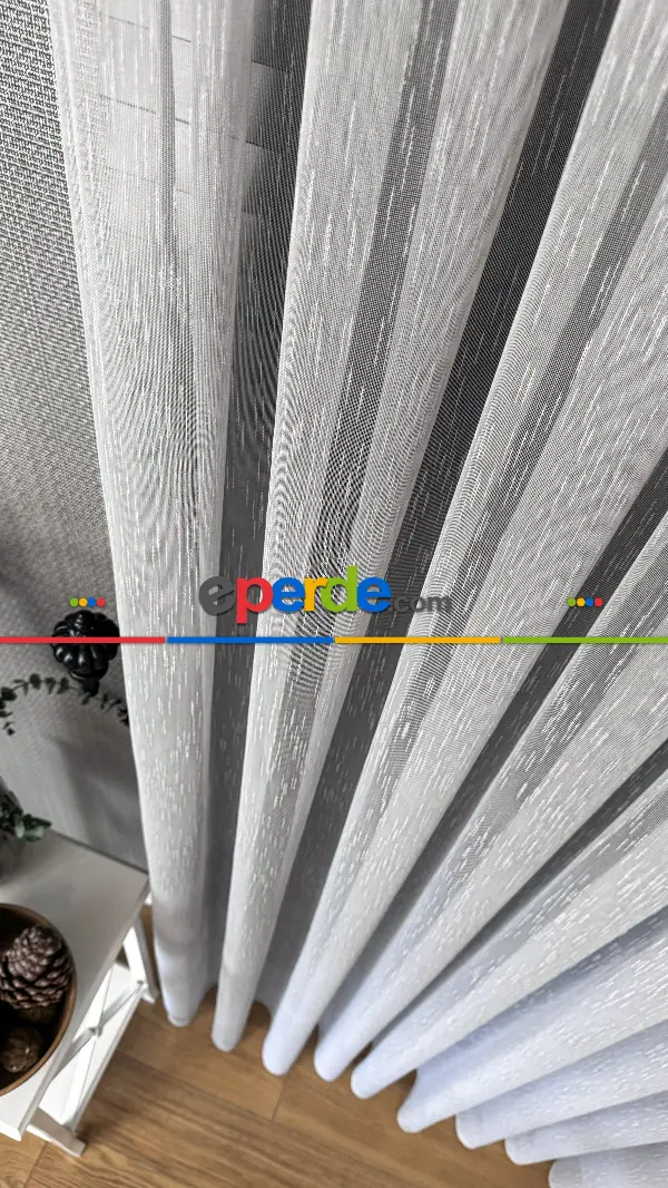 Bebek Odası Tül Perde - Açık Gri Çizgili Naturel Keten Düz Tül Perde - Premium Kalite Serisidir, Eteği Kurşunlu Tül