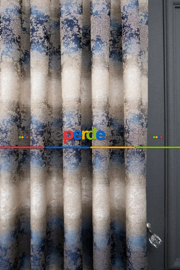 Patinedesenli Gökkuşağı Desen Koyu Lacivert Bej Jakar Fon Perde