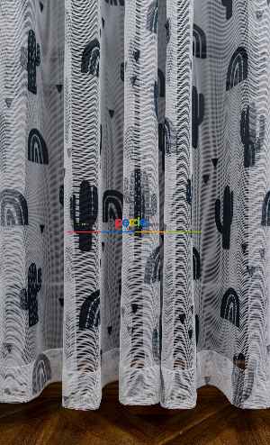 Hazır Ölçülü Petek Zemin Koyu Lacivert Renkli Kaktüs Desenli Grek Baskılı Tül Perde