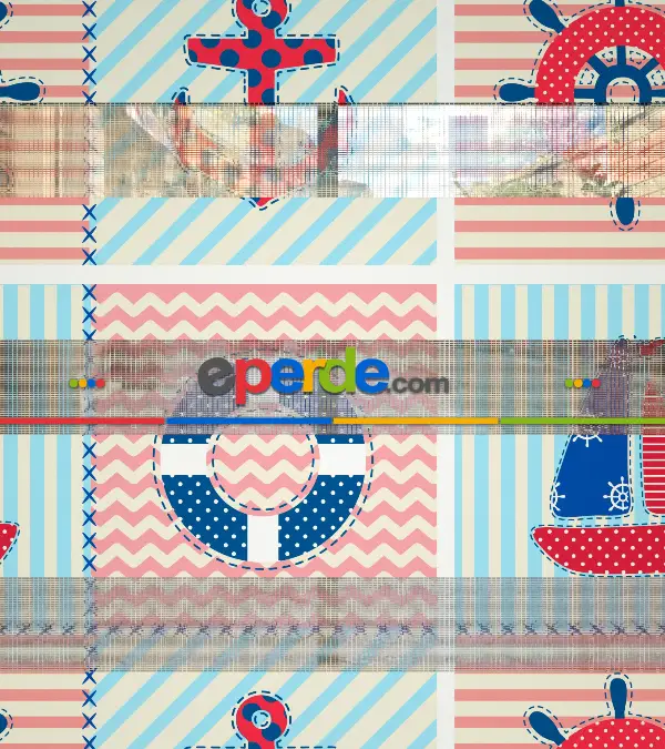 Bebek Odası Zebra Perde - Gemi Ve Çapa Desen Baskılı Zebra Perde- Lacivert-Mavi-Kırmızı