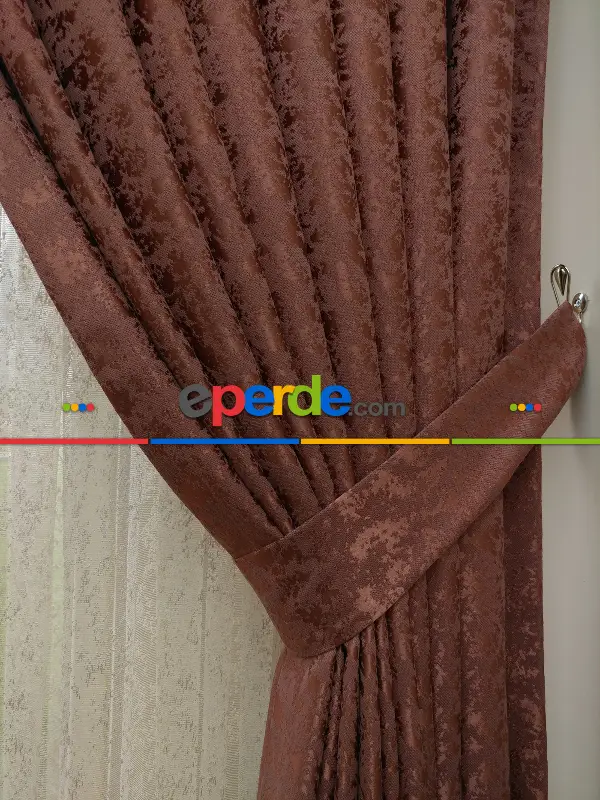 Yatak Odası - Bakır Duz Jakar Fon Perde - Kiremit Rengi