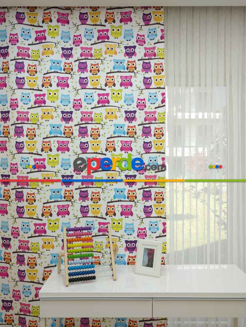 Baykuş Desenli Bebek Ve Çocuk Odası Fon Perde Modelleri- Mavi-Beyaz-Mor