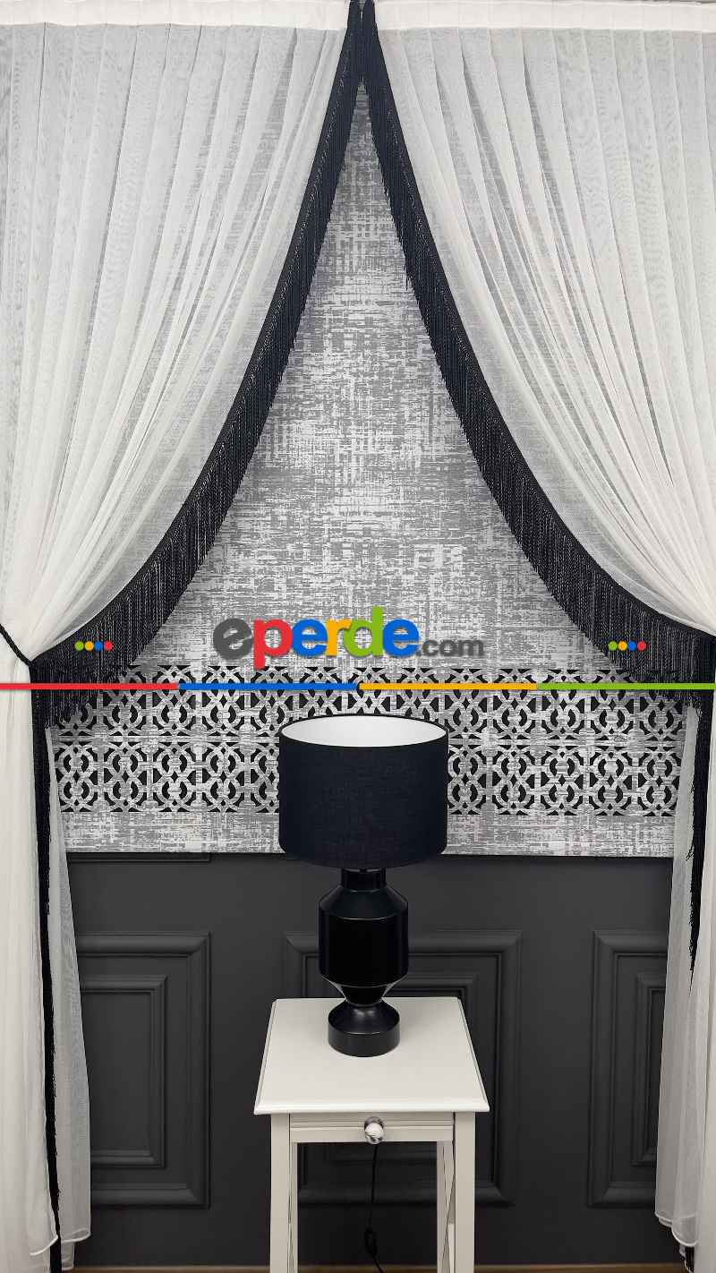 Salon Fon Siyah Saçak Detaylı Tül Fon Perde - Kordon Toplama-bambu Tül