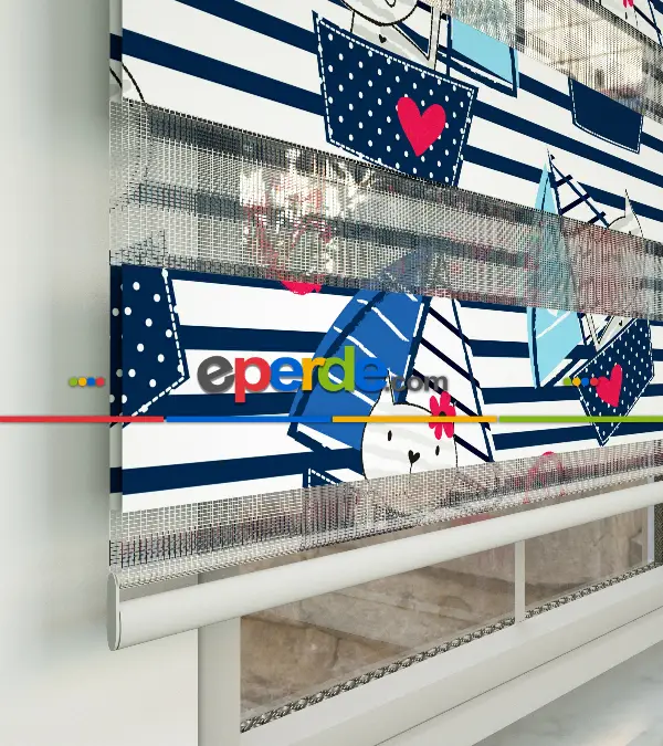 Bebek Odası Zebra -  Denizci Desenli Baskılı Zebra Perde- Çok Renkli