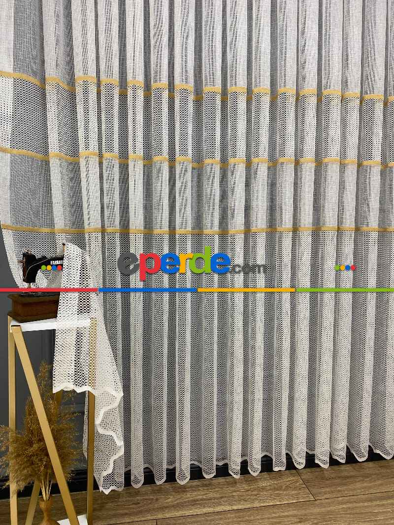 Yatak Odası - Milano Gold Altın Ara Bantlı Yeni Tasarım Tül Perde