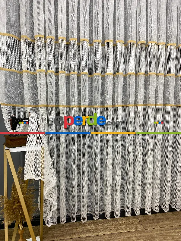 Salon - Milano Gold Altın Ara Bantlı Yeni Tasarım Tül Perde