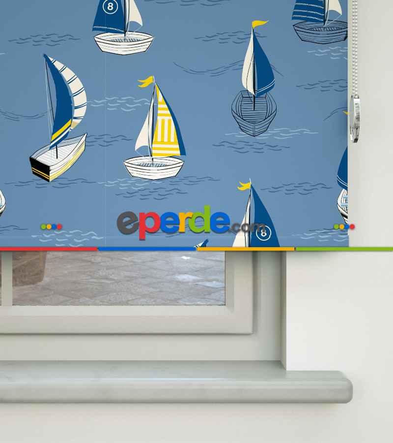 Denizci Desenli Baskılı Stor Perde- Mavi-çok Renkli