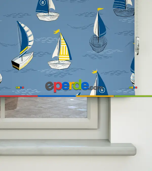 Denizci Desenli Baskılı Stor Perde- Mavi-çok Renkli