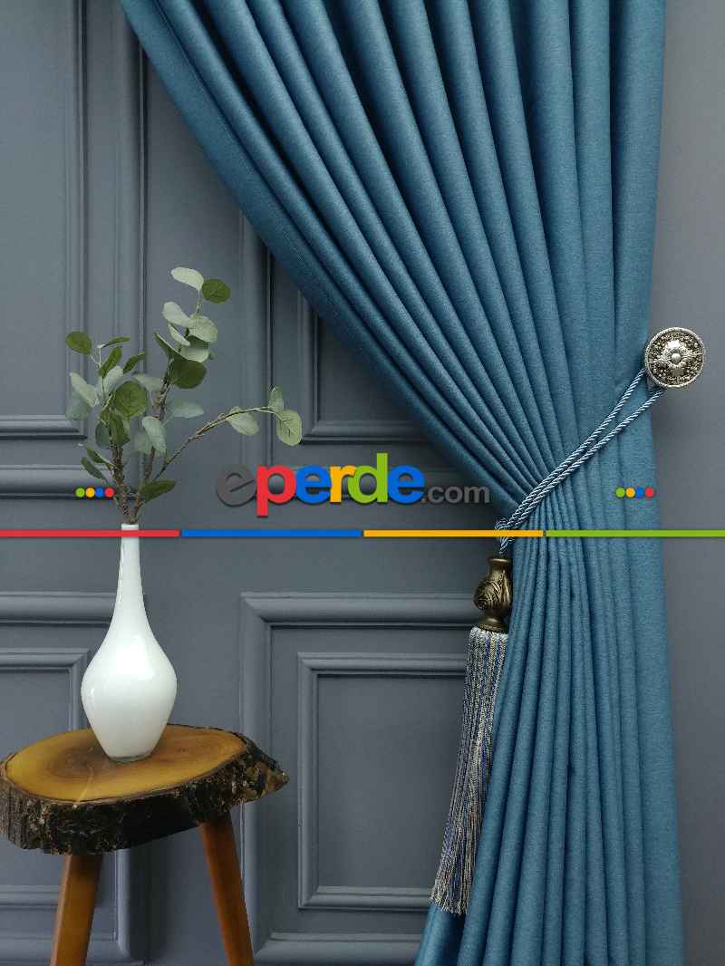 Saon Perdesi - Modern Keten Görünümlü Işık Geçirmez Karatma Fon Perde 2021 Ikon- Mavi Koyu
