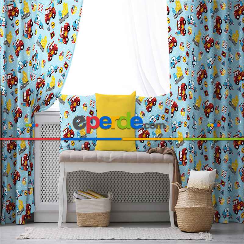 Araba Desenli Fon Perde Evim492 Kumaşı Kalındır Duck Bezi Değildir- Mavi-beyaz