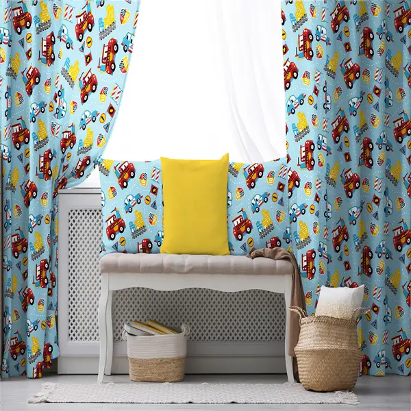 Erkek Çocuk ve Bebek Odası Fon Perde - Arabalar Desenli - Mavi Kırmızı