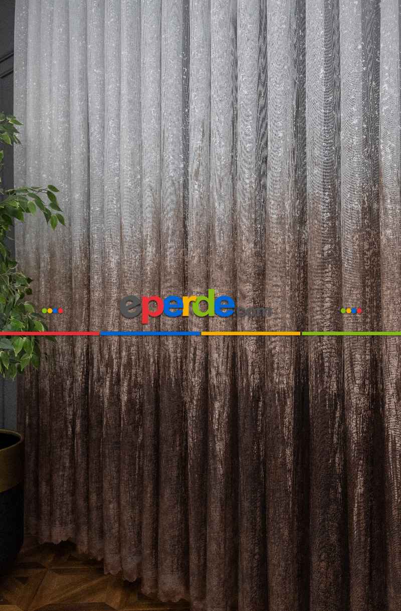 Modern Koyu Kahverengi Desenli Degrade Geçişli Örme Tül Perde Yüksek Kalite