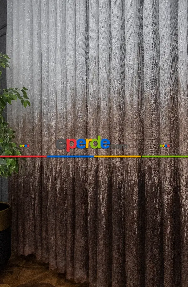 Yatak Odası - Modern Koyu Kahverengi Desenli Degrade Geçişli Örme Tül Perde Yüksek Kalite