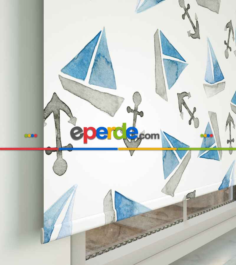 Bebek Odası Stor Perde - Yelkenli Baskılı Stor Perde- Mavi-Gri-Füme-Antrasit-Beyaz