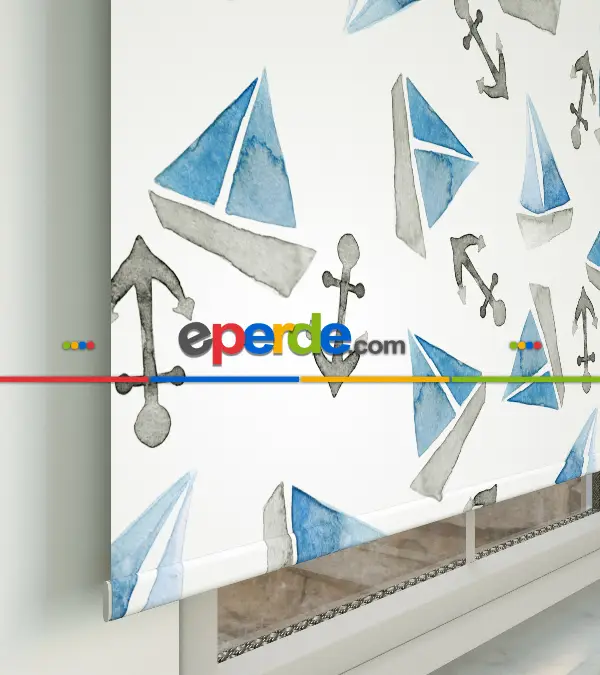 Bebek Odası Stor Perde - Yelkenli Baskılı Stor Perde- Mavi-Gri-Füme-Antrasit-Beyaz