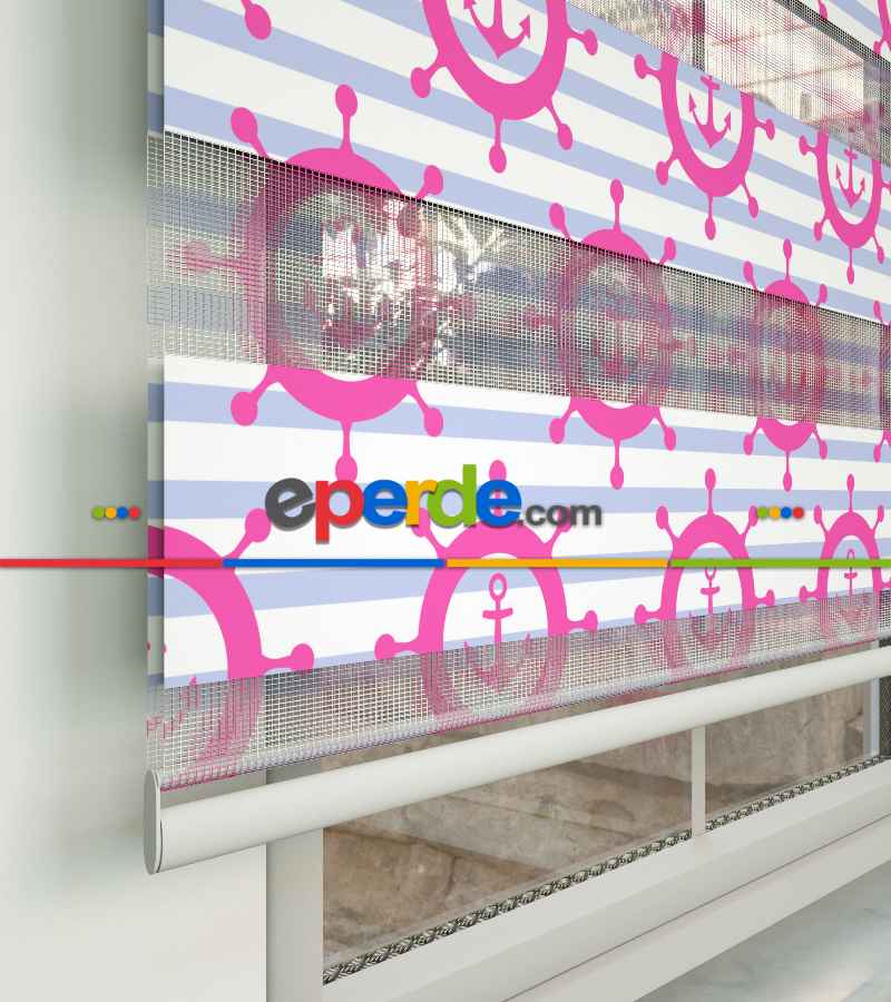 Bebek Odası Zebra Perde - Çapa Baskılı Zebra Perde- Mavi-Beyaz-Pembe