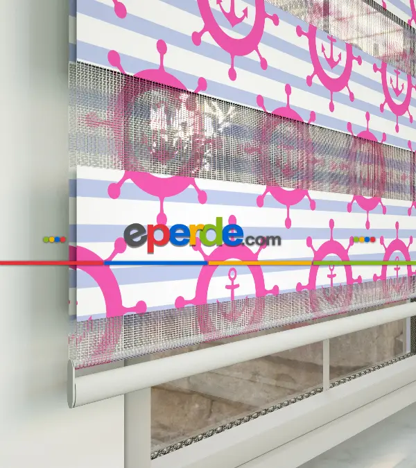 Bebek Odası Zebra Perde - Çapa Baskılı Zebra Perde- Mavi-Beyaz-Pembe